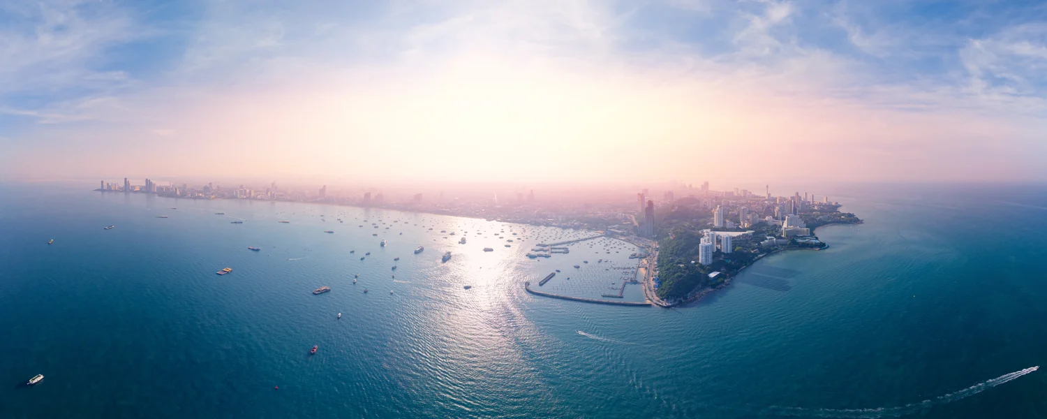 Panorama of Pattaya bay and beach at sunrise