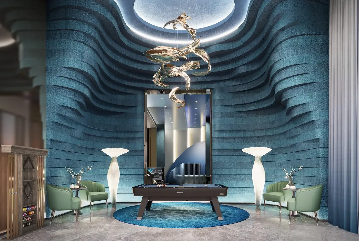 Games lounge with billiards and blue wave wall at Aquarous