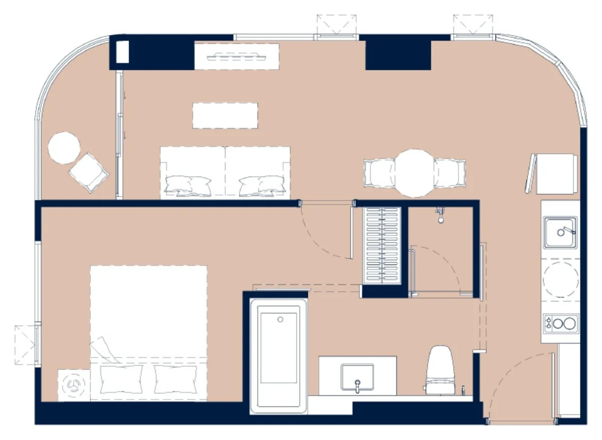 Aquarous 1 bedroom Deluxe 45 sqm floor plan