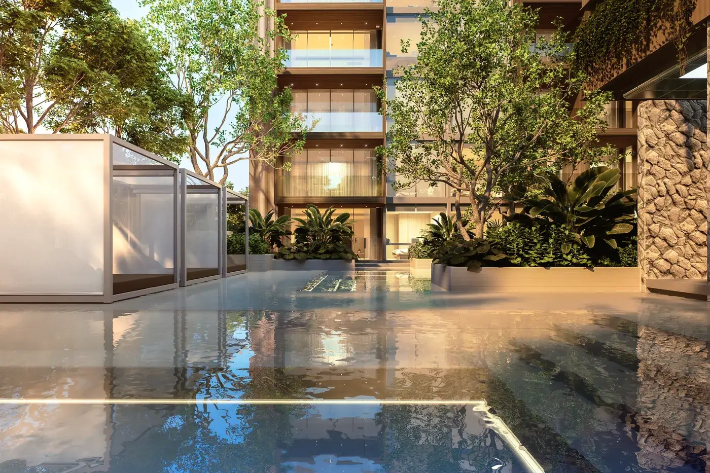 Pool and architecture at dusk
