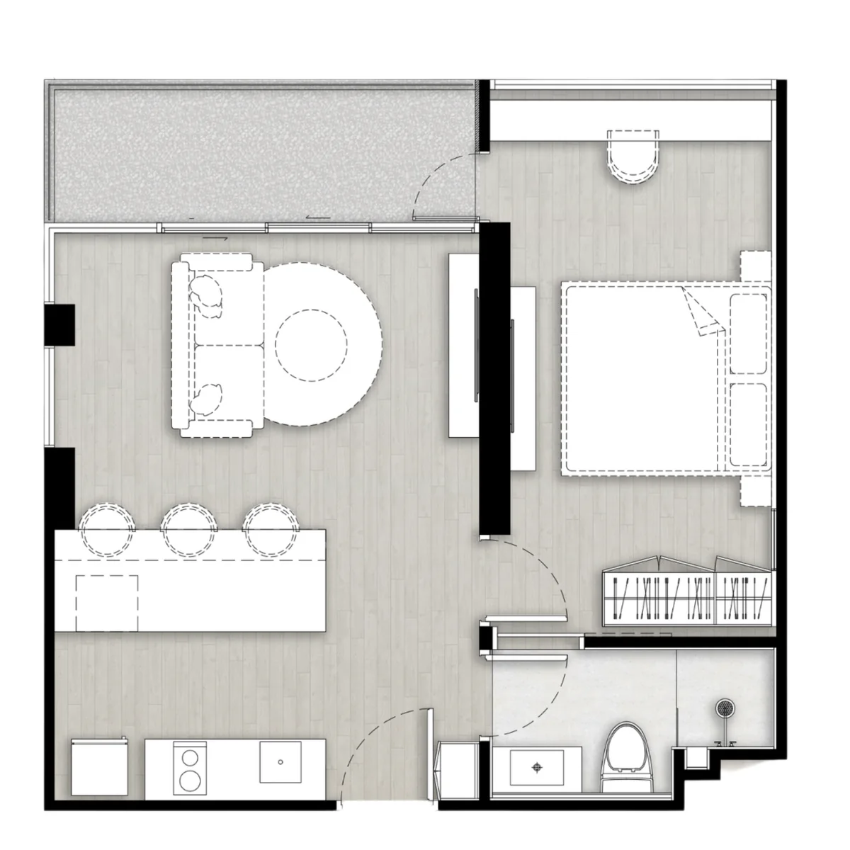 1 bedroom 49.5 sqm corner floor plan