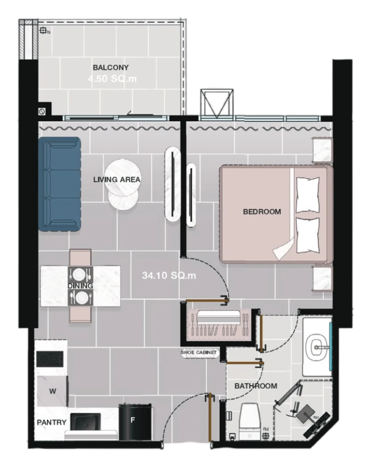 1 bedroom 38.6 sqm floor plan