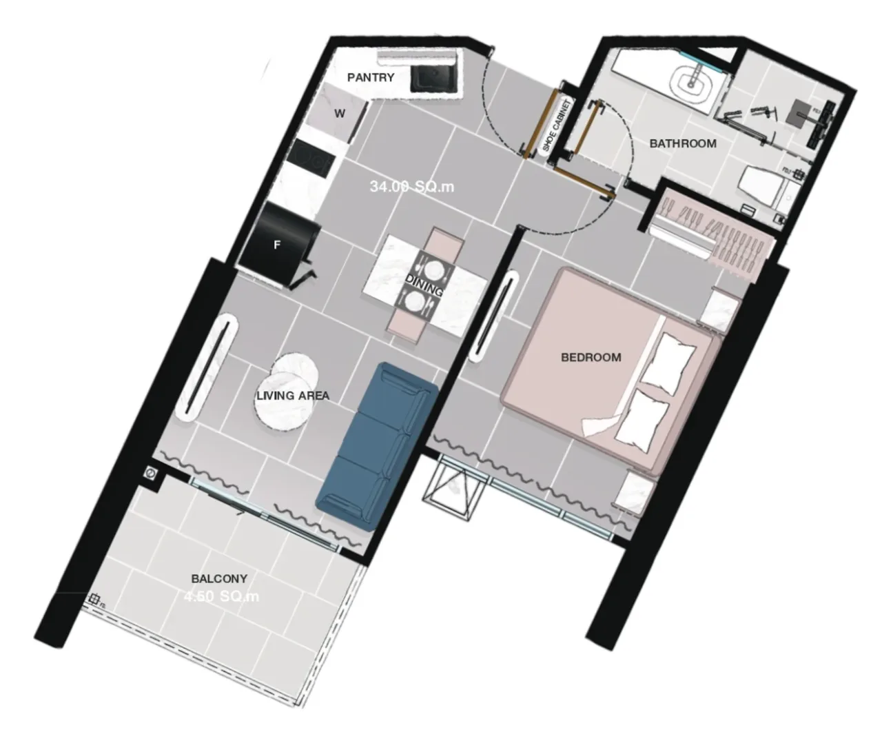 1 bedroom 38.5 sqm floor plan