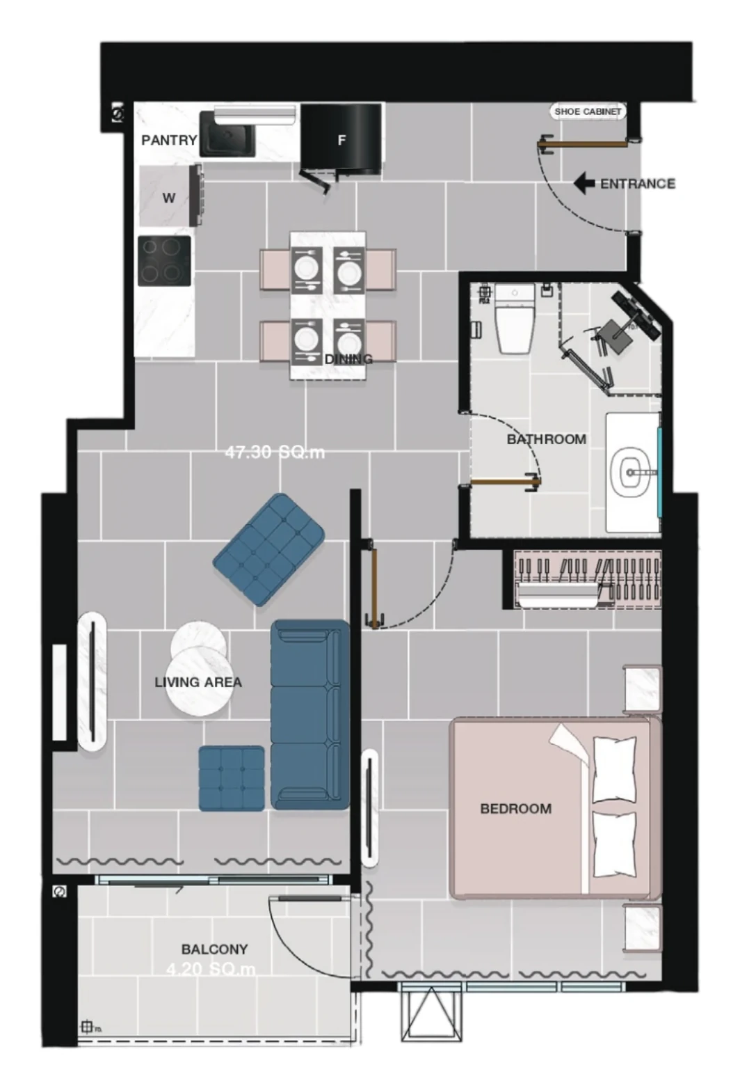 1 bedroom 52.8 sqm floor plan