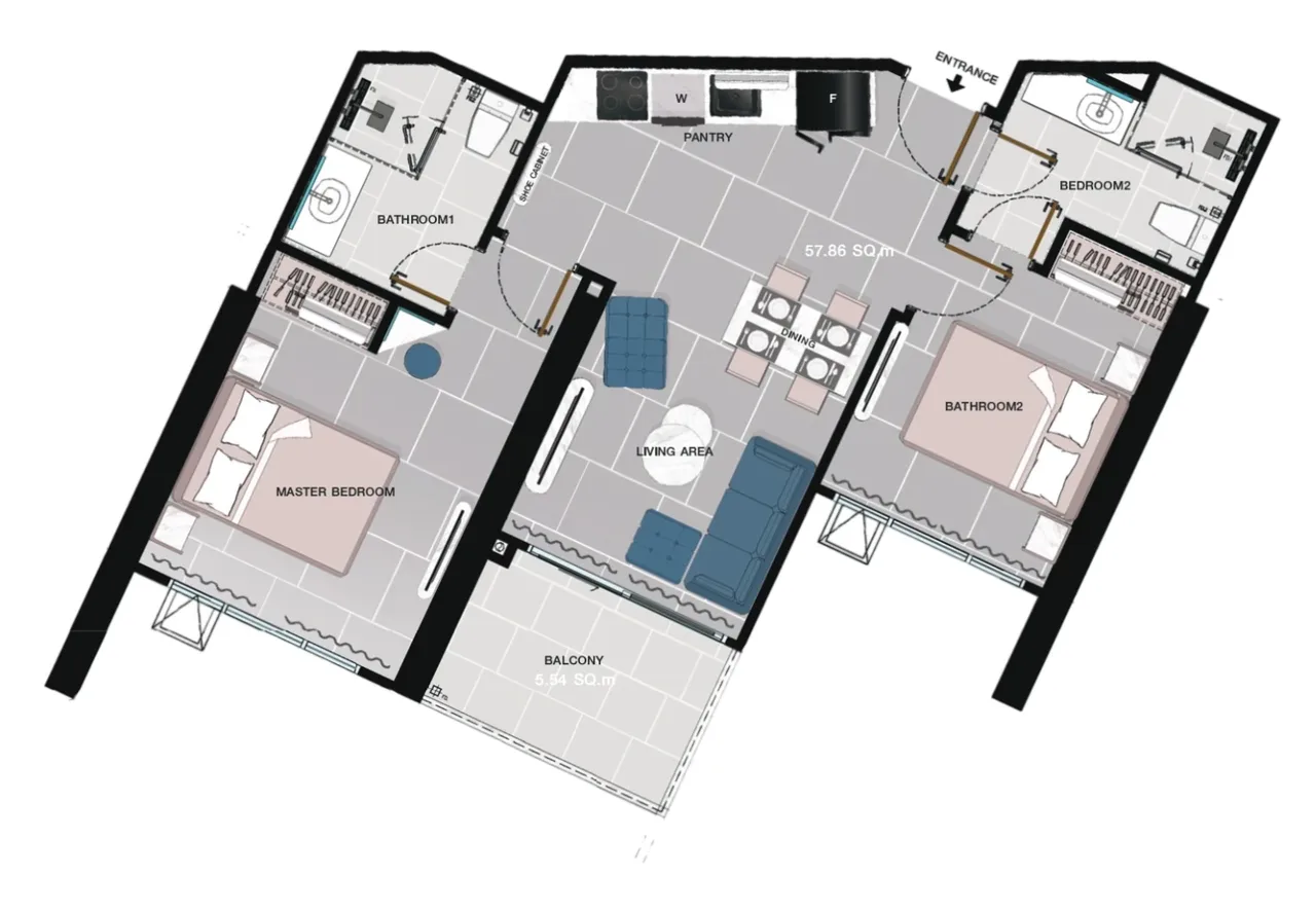 2 bedroom 63.4 sqm floor plan