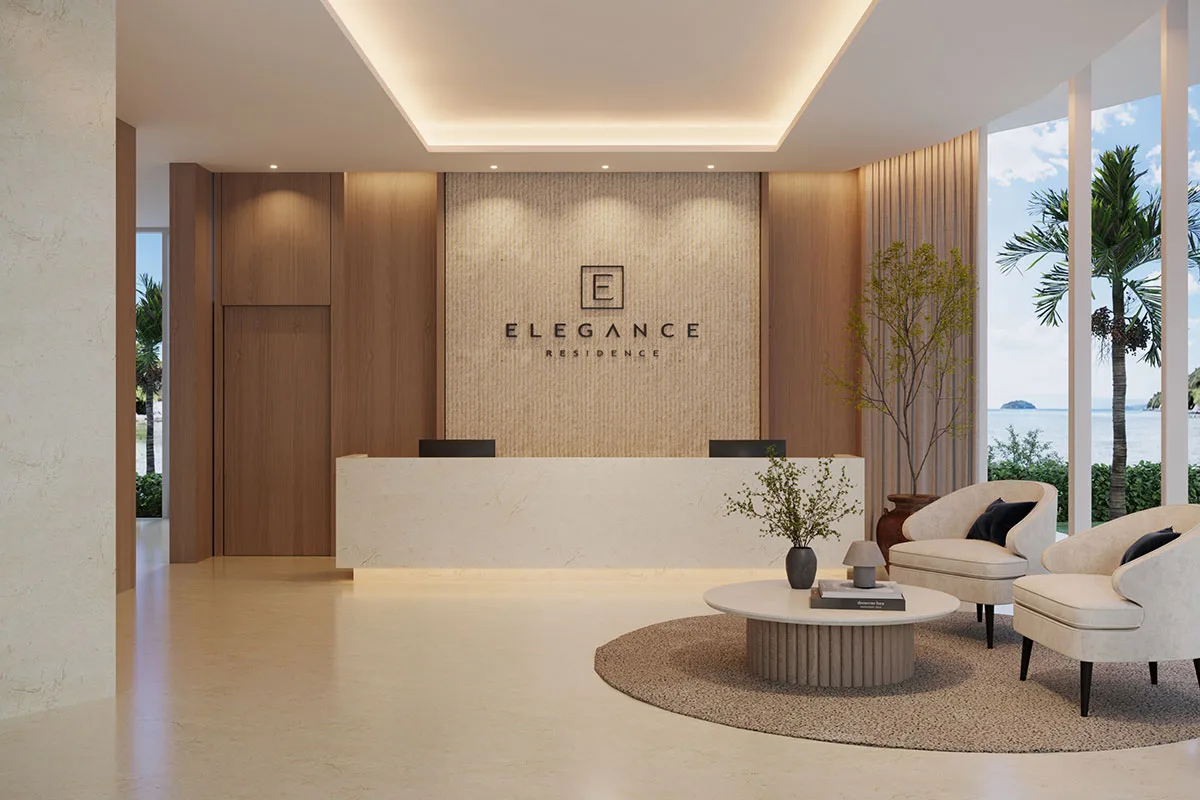 Hotel-style lobby with reception desk and lounge seating