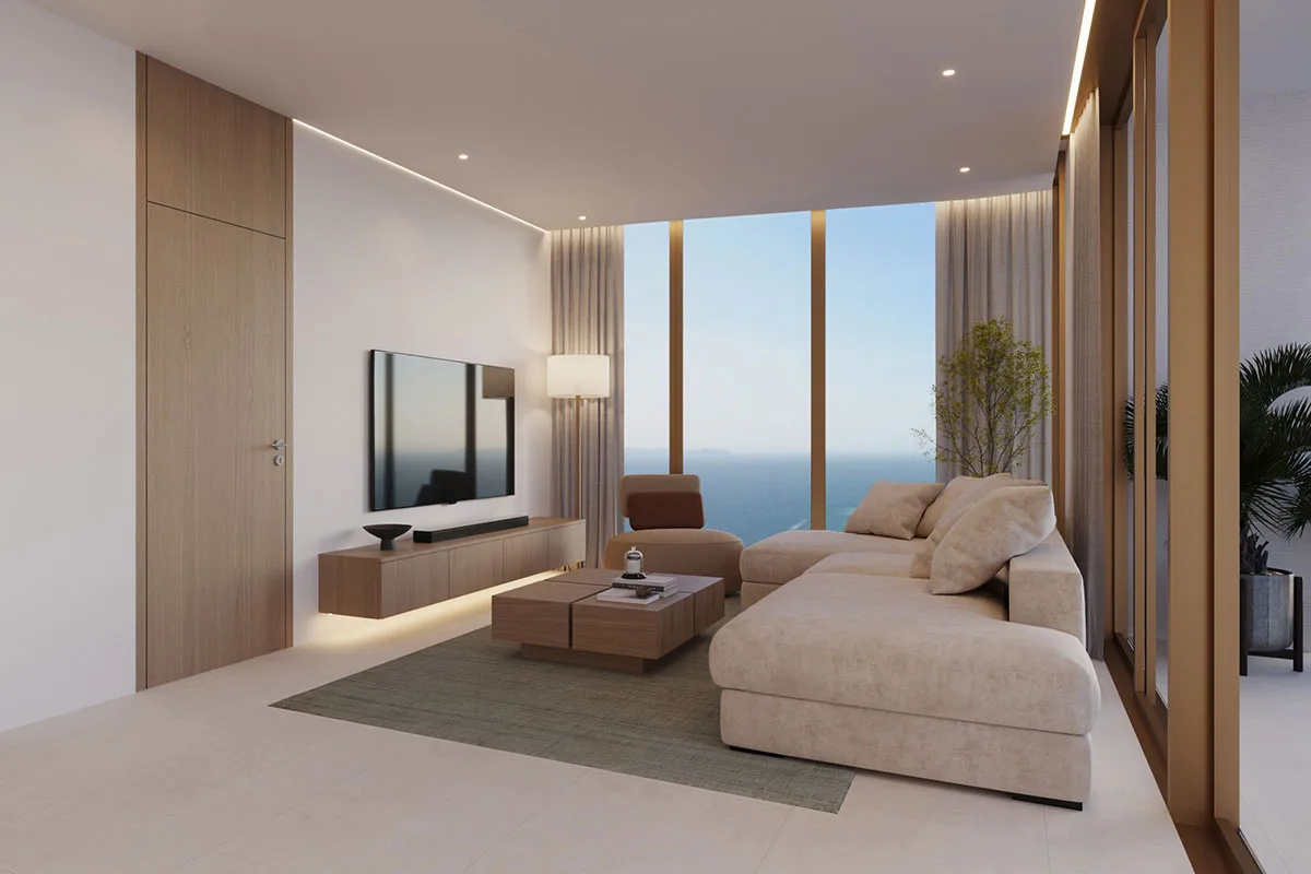 Living room with full-height glazing and a sea view