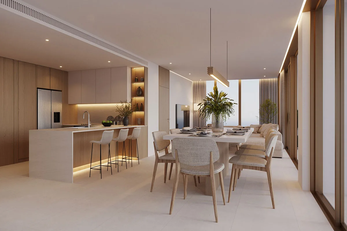 Open kitchen and dining room with island seating
