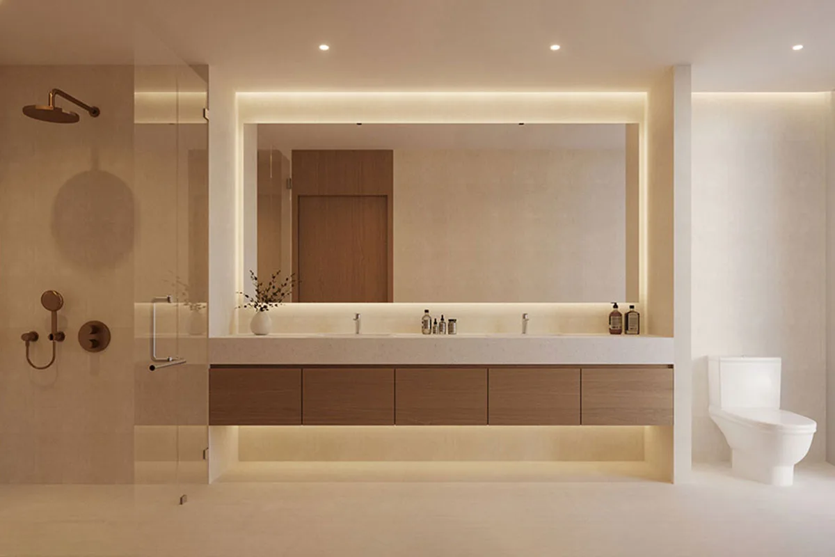 Bathroom with a double vanity and walk-in shower