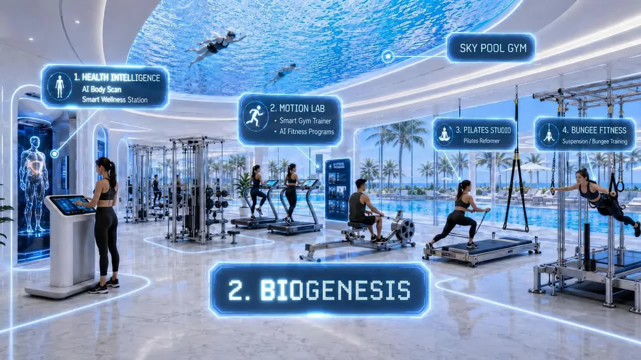 Sky Pool Gym with underwater ceiling view, Embassy World