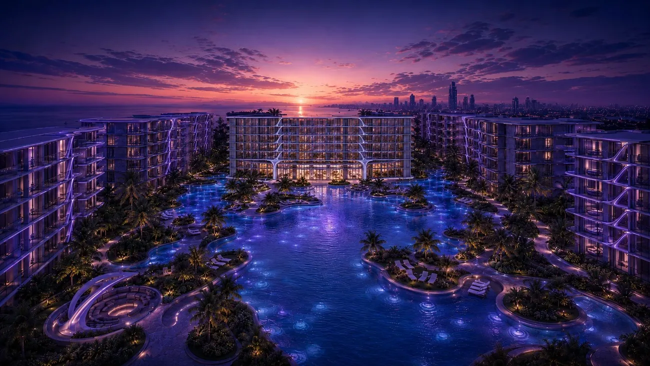 Lagoon pool complex illuminated at night, Embassy World