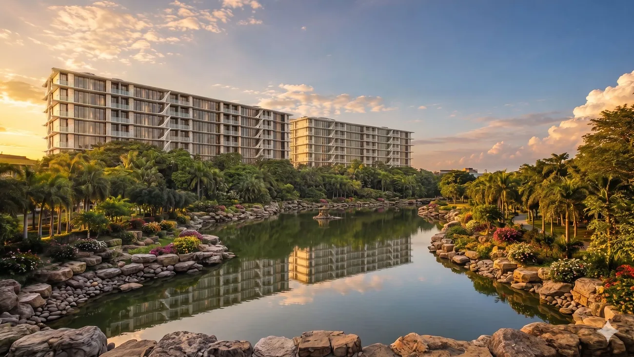 Riverside gardens at golden hour, Embassy World