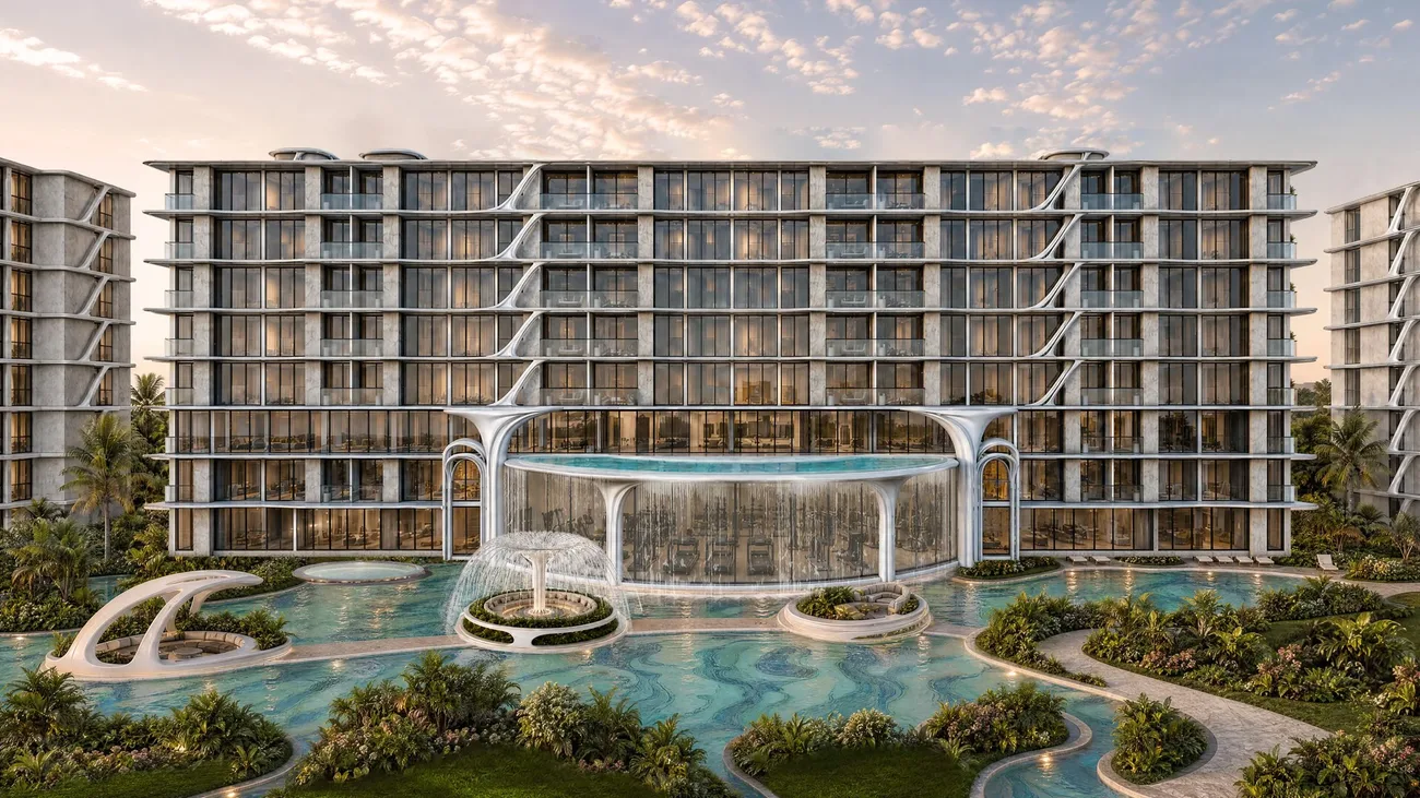 Embassy World condominium complex and lagoon pool at sunset, Jomtien