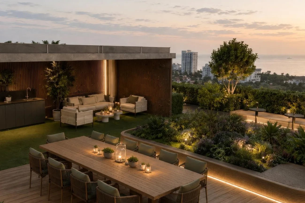 Rooftop terrace and lounge at sunset