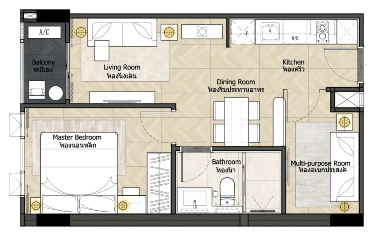 Level Pratumnak 1 bedroom plus extra room 59 sqm floor plan