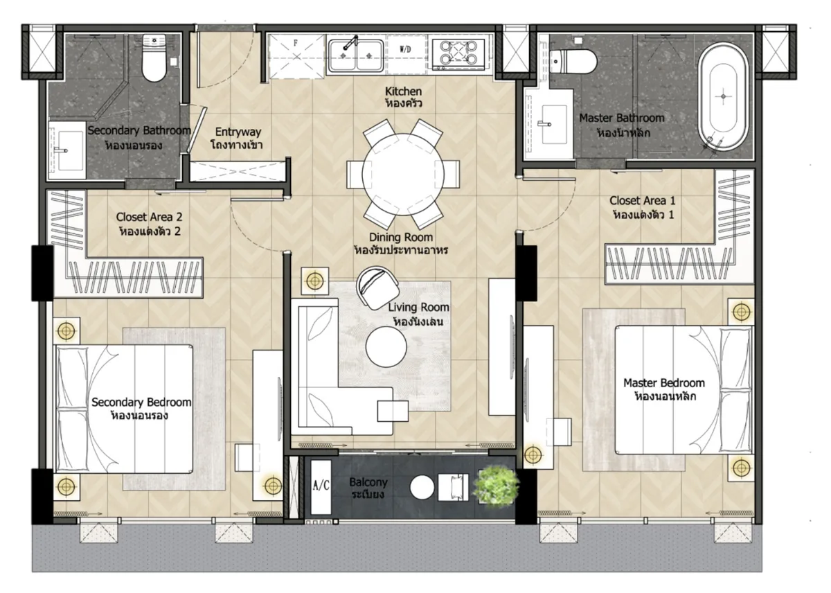 Level Pratumnak 2 bedroom 74 sqm floor plan