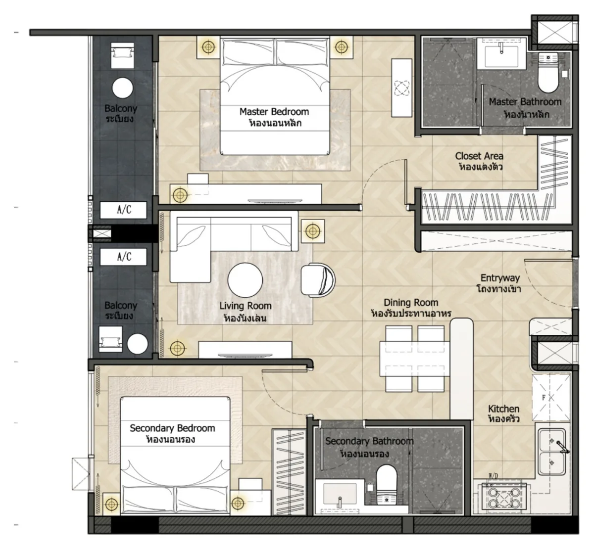 Level Pratumnak 2 bedroom 74 sqm floor plan, alternative layout