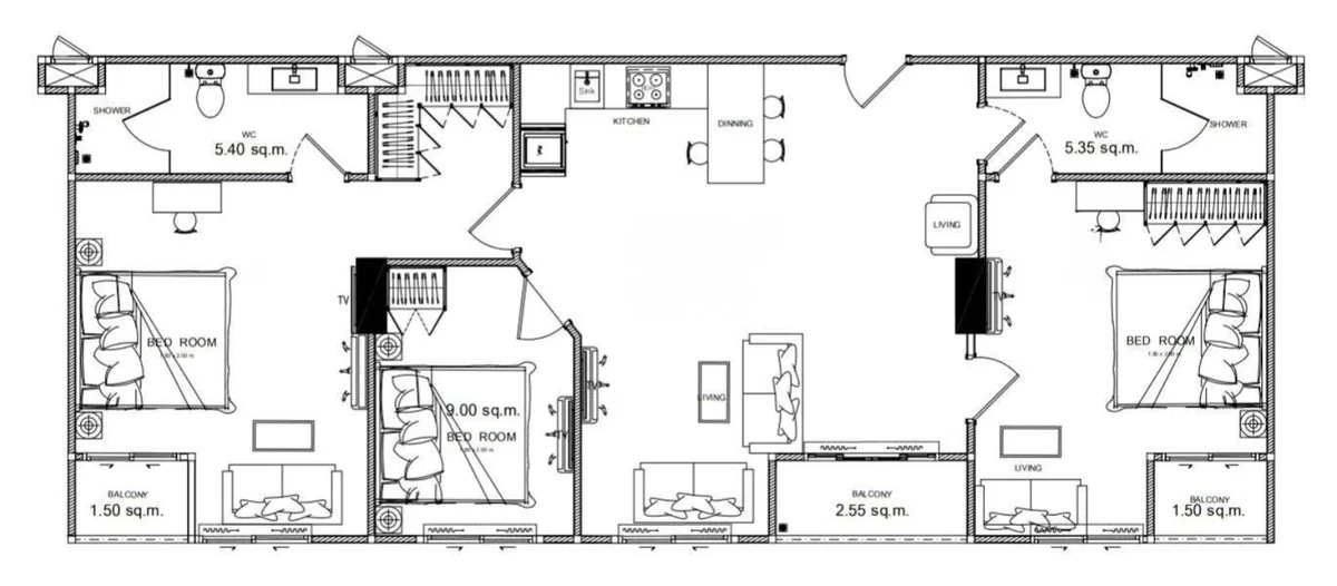 3 bedroom 113 sqm combined floor plan