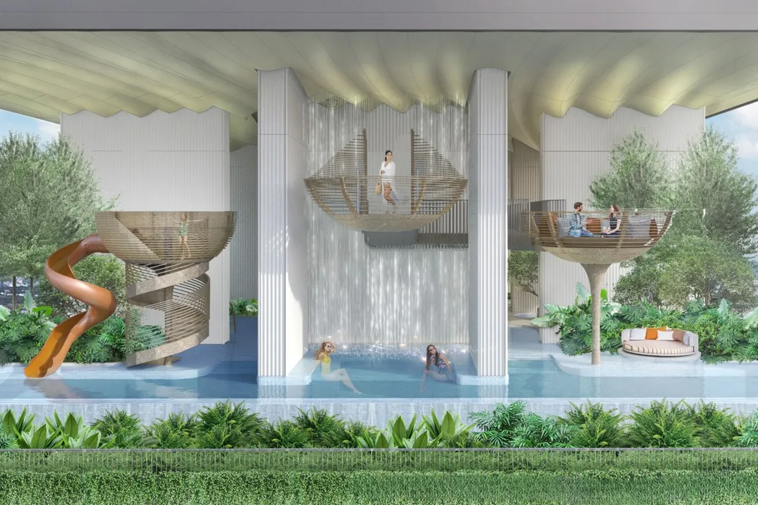 Beach pool and water play feature on the 36th-floor facility deck