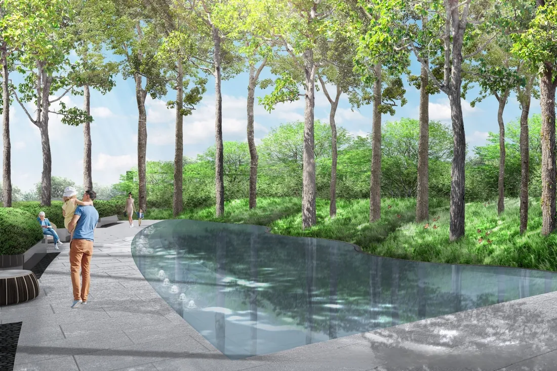 Sky garden pool and tree-lined walkway on a facility floor