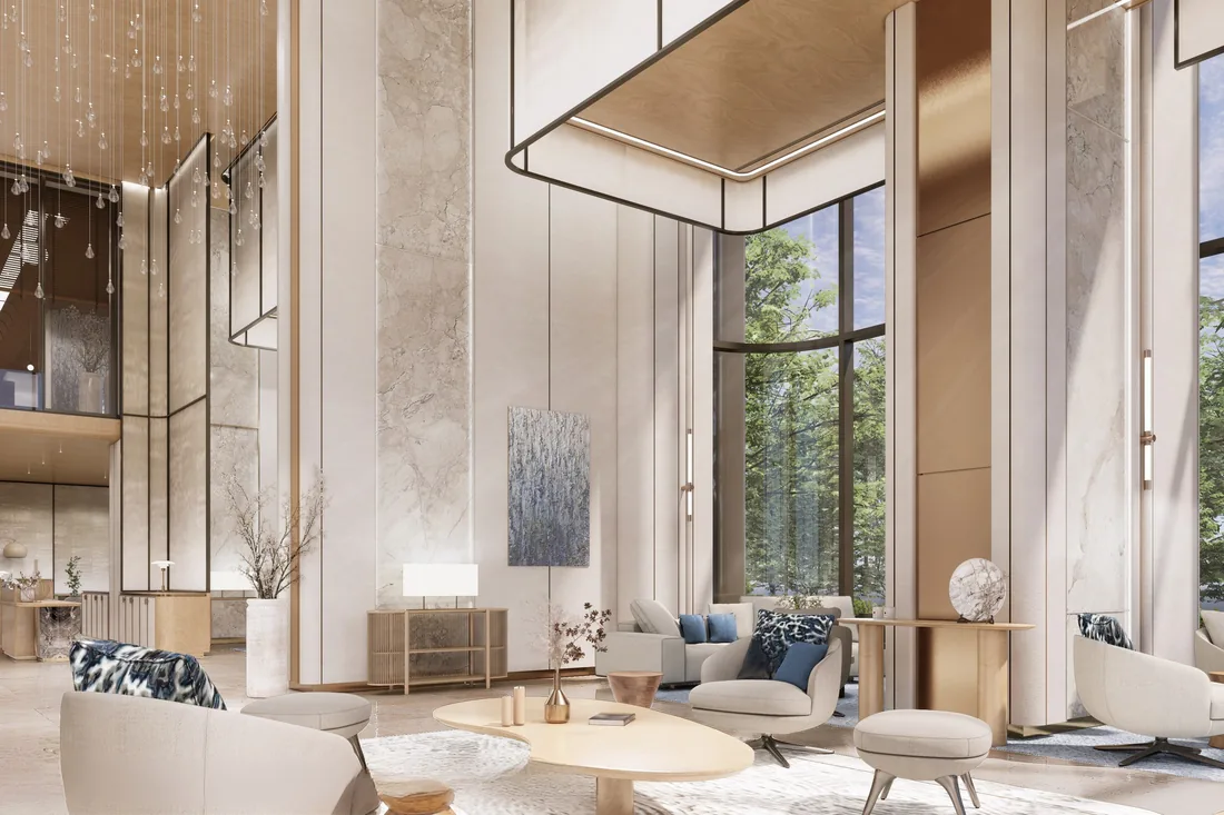 Grand double-height lobby lounge with sea views