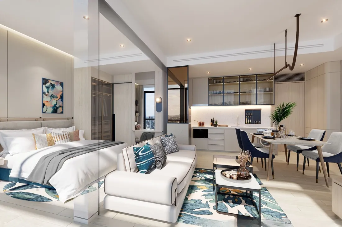 Sea-view living and dining in a Once Wongamat show suite
