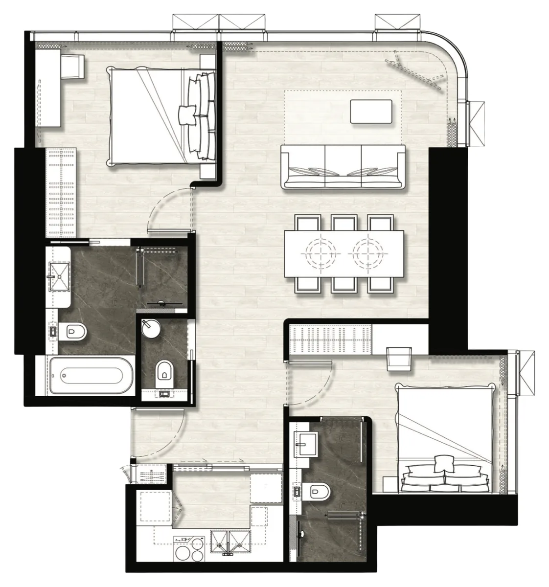 Once Wongamat 2 bedroom corner 74 sqm floor plan