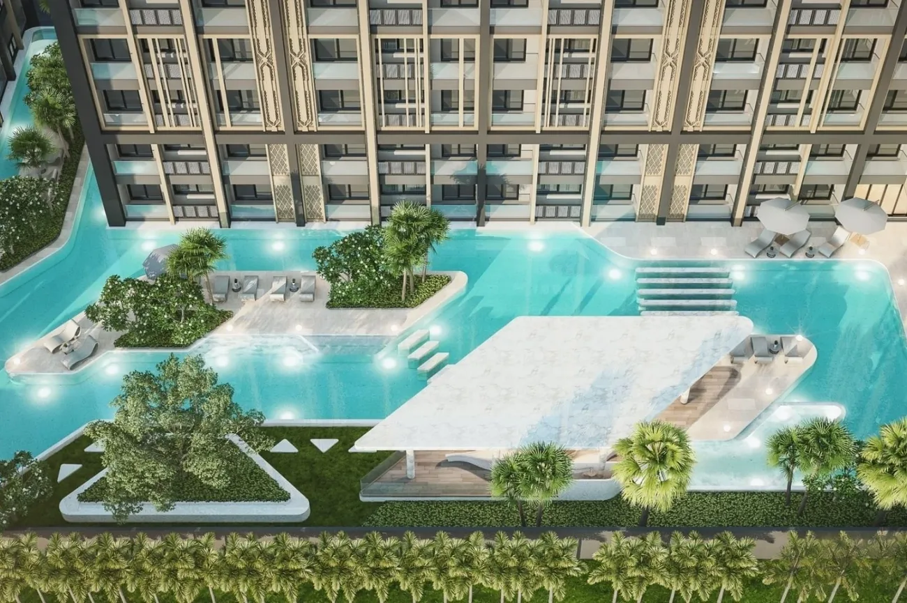 Aerial view of the lagoon pool at Pristine Park 3
