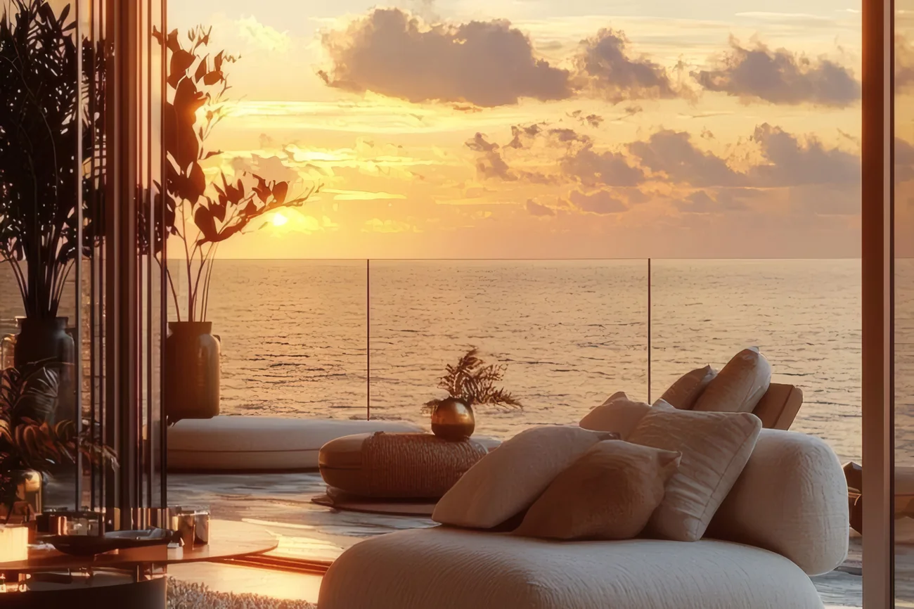 Fully furnished sea-view living room at sunset
