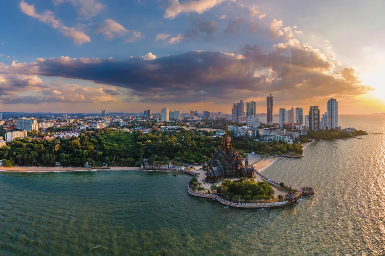 Aerial view of the Wongamat headland and Naklua coastline at sunset