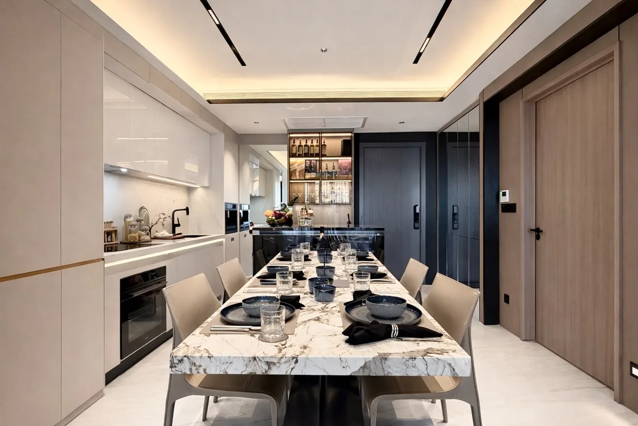 Furnished show suite kitchen and dining area, Sea Sky by Sands
