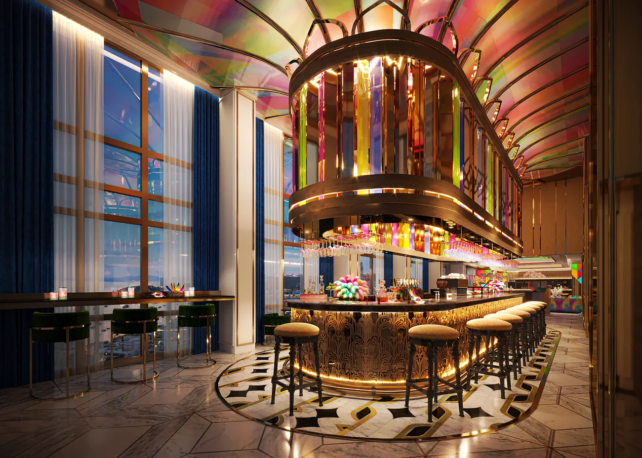 High-rise sky bar with coastline views