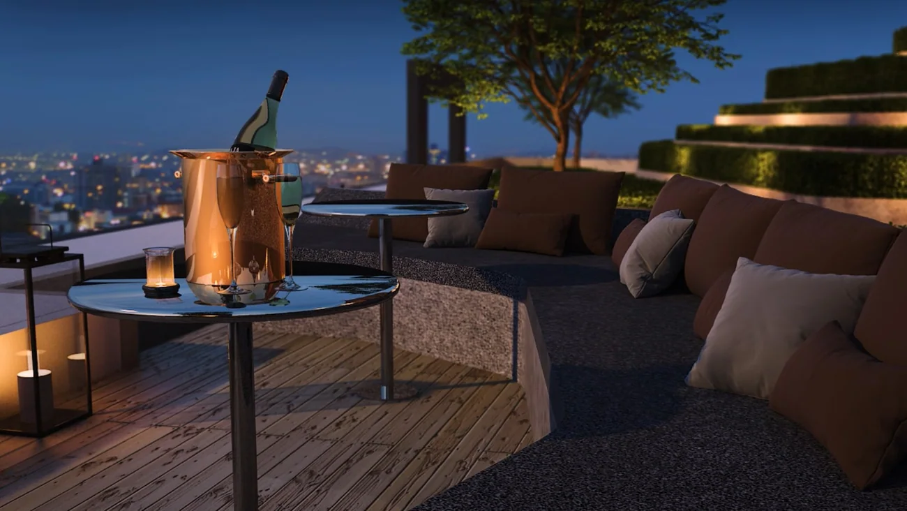 Rooftop sky garden seating at dusk