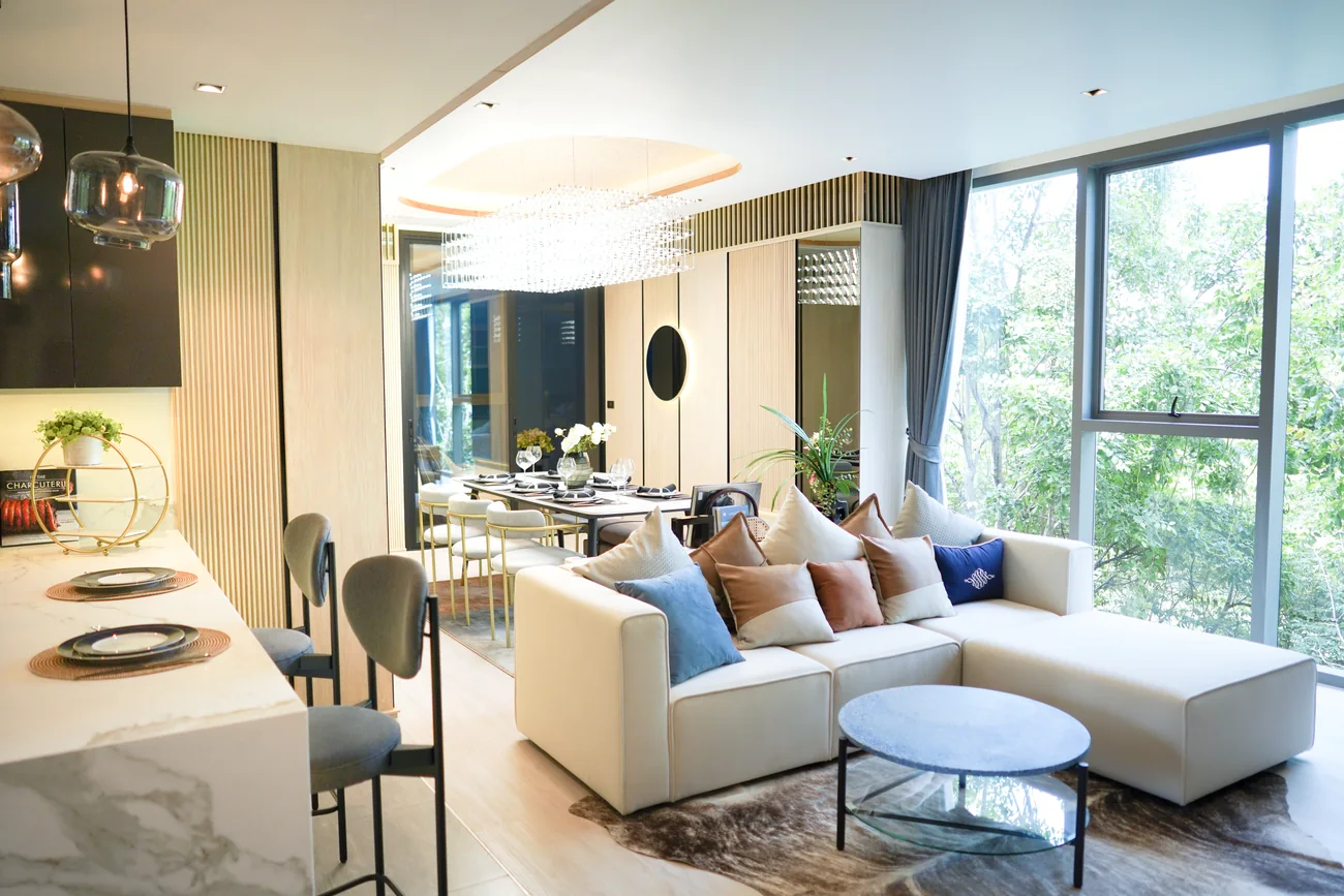 Furnished show suite living and dining room