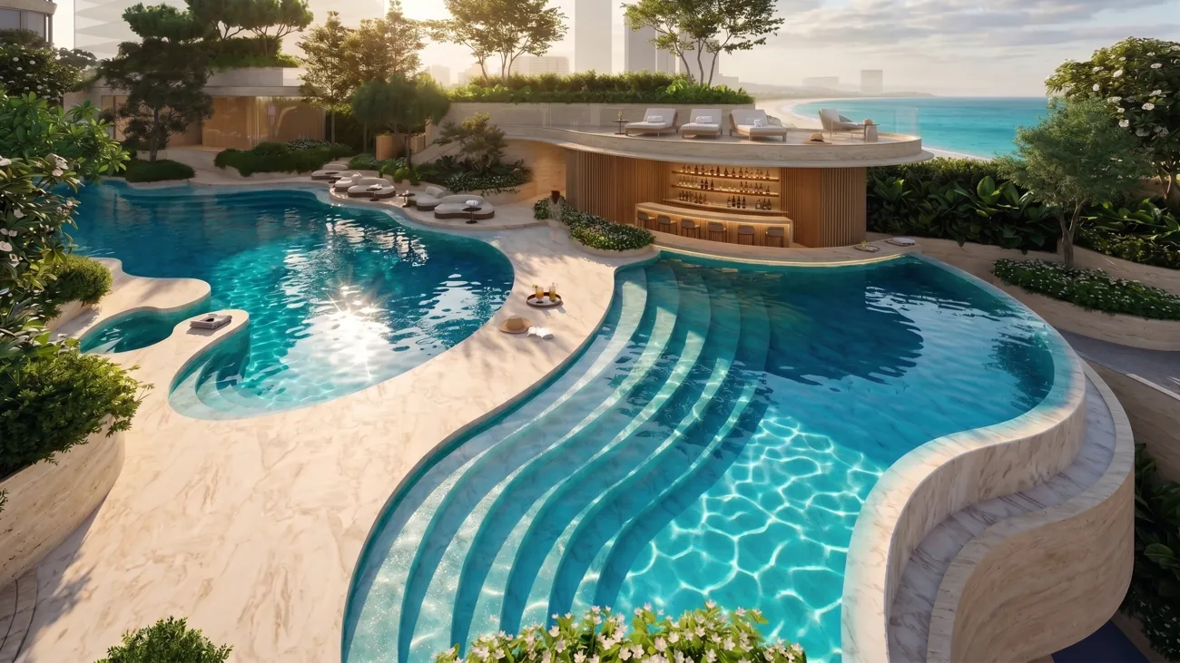 Resort pools and beach club deck overlooking the sea