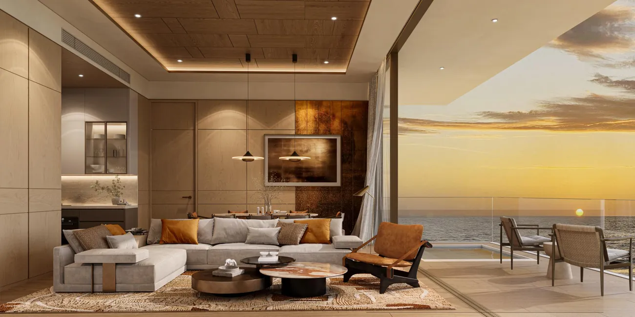 Sea-view living room at sunset