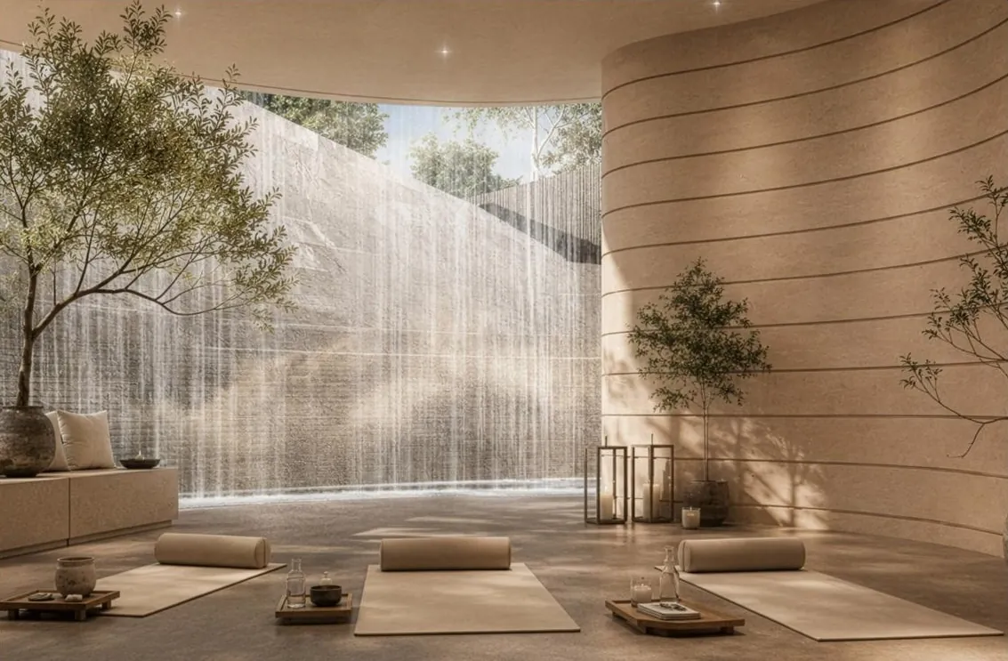 Wellness lounge with a water wall and garden light