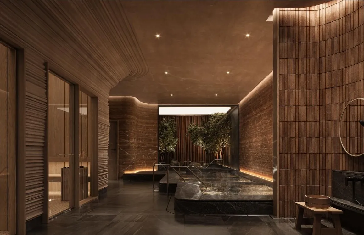 Private onsen with timber and stone finishes