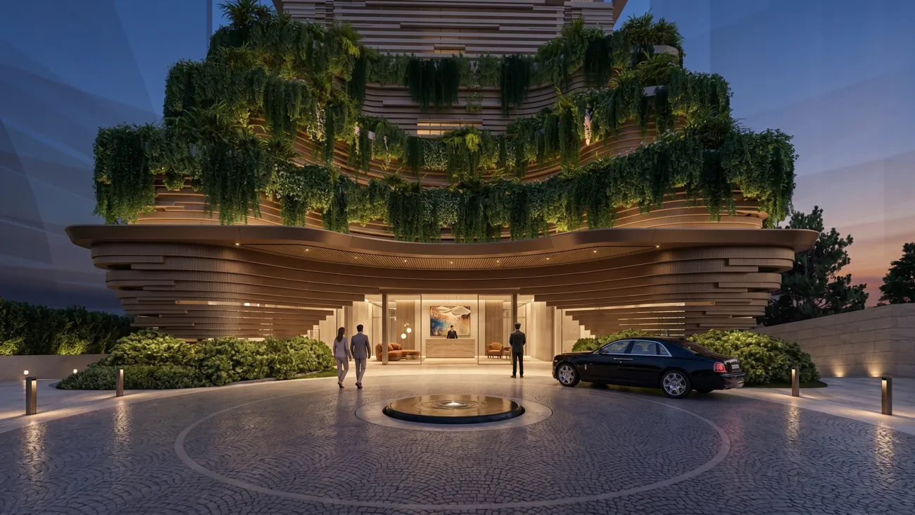 Landscaped arrival court at the tower entrance