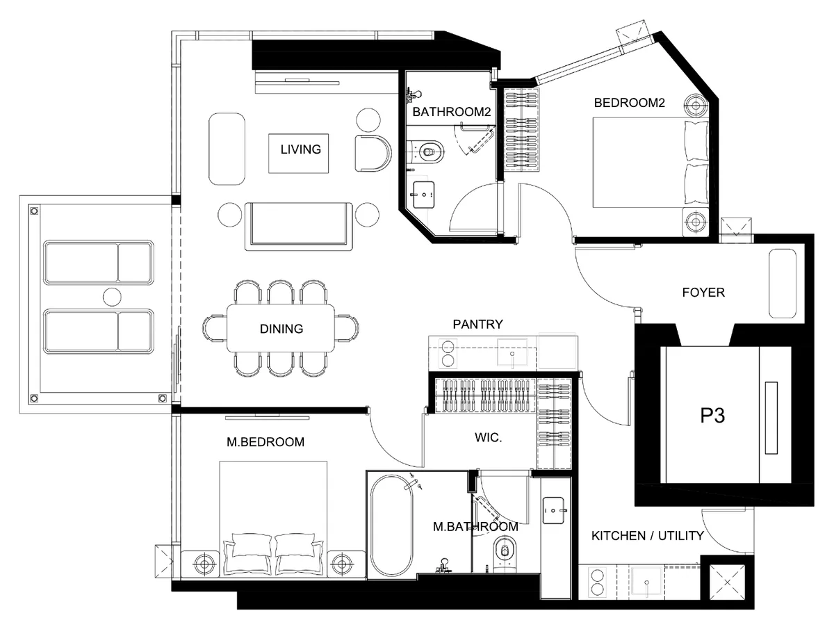 Soondri Wongamat 2 bedroom 85.4 sqm floor plan