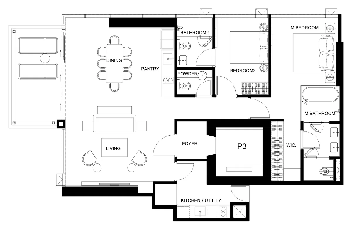 Soondri Wongamat 2 bedroom plus study 107.5 sqm floor plan