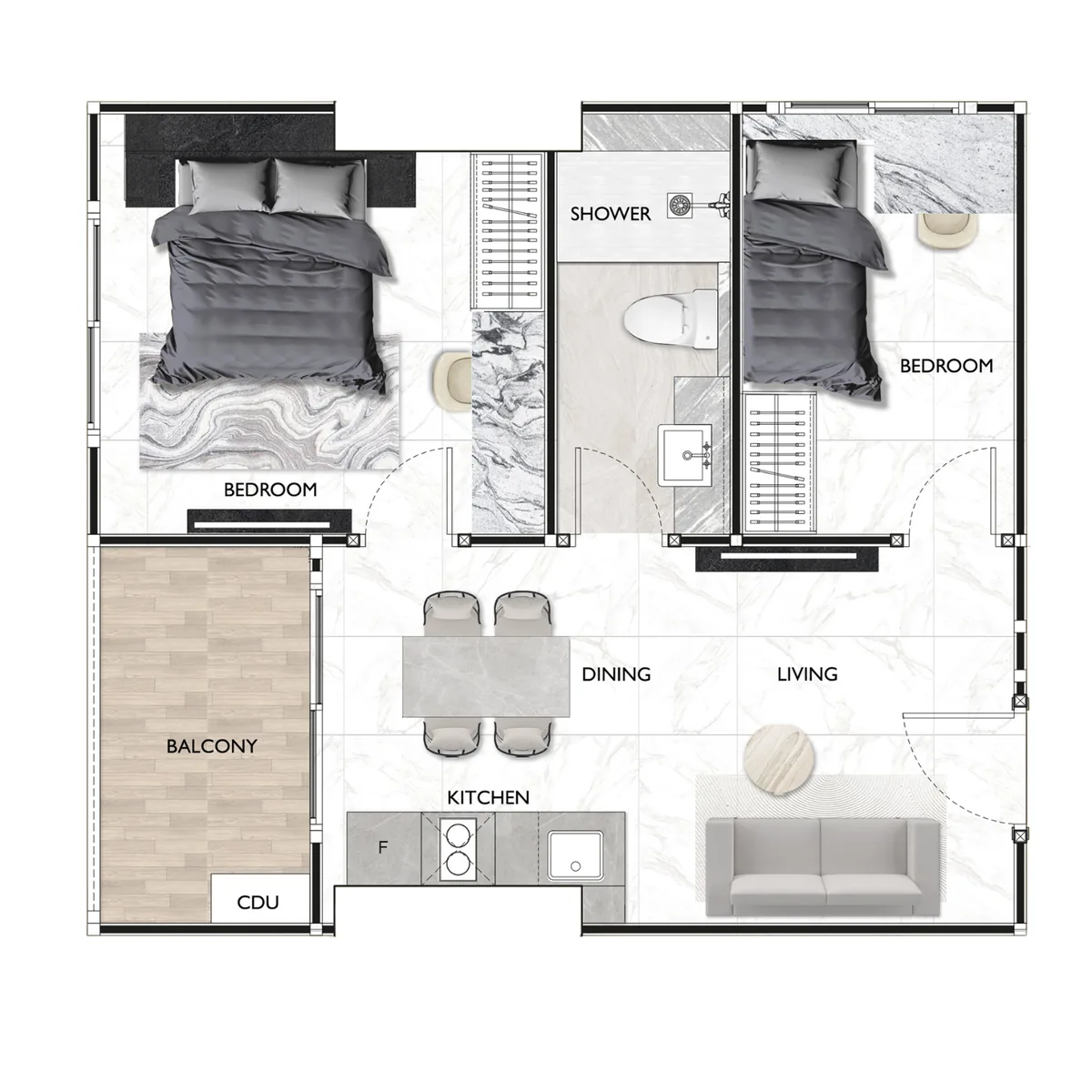 2 bedroom 46 sqm floor plan