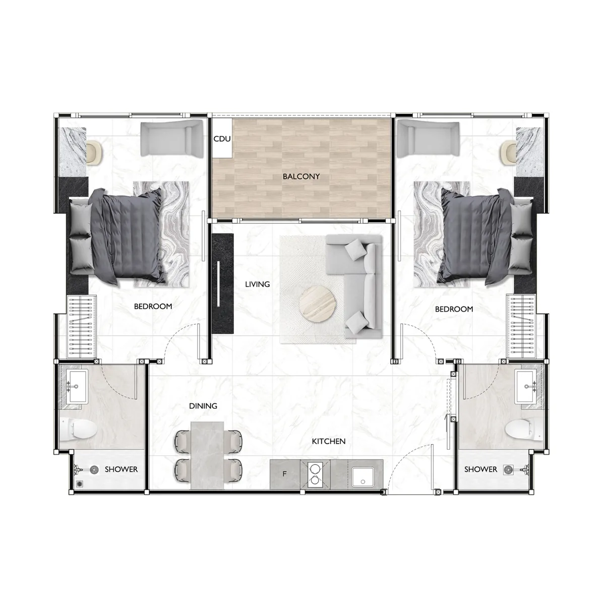 2 bedroom 68 sqm floor plan