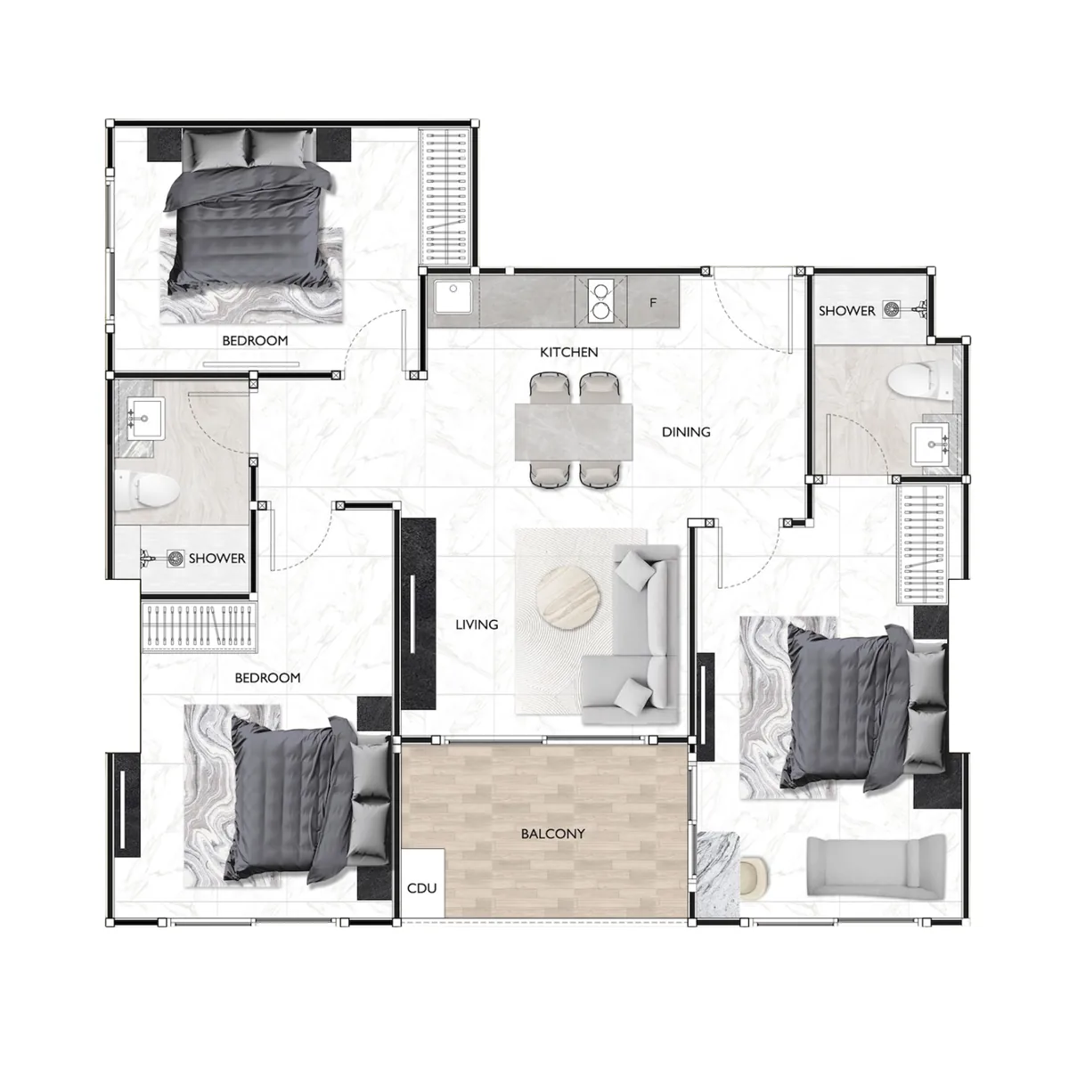 3 bedroom 76 sqm floor plan