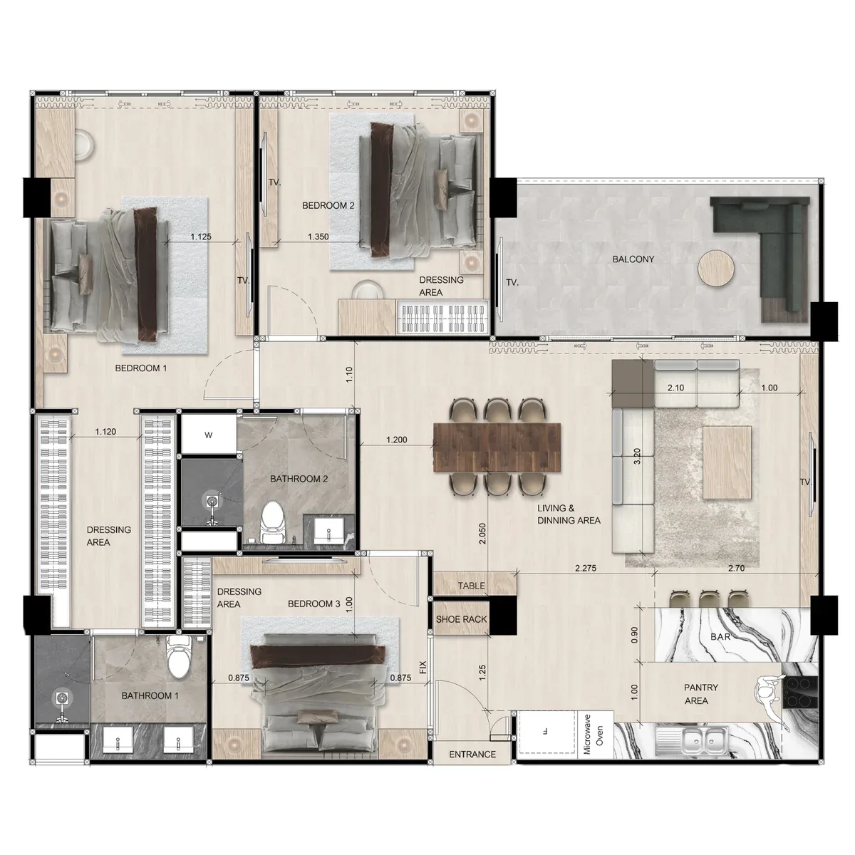 3 bedroom 134 sqm corner floor plan