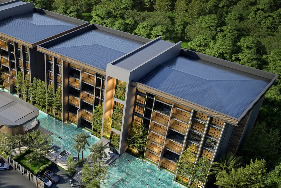 Zensiri Residences low-rise buildings and pools from above, Jomtien